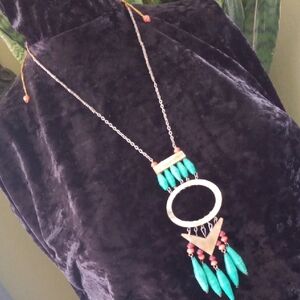 Noonday Boho Teal Beaded Pendant Necklace 24 To 32 In. L